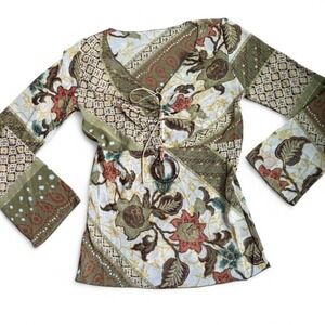 Y2K Boho Top Whimsical Print Pendant Eclectic Flowy Sleeve Fairycore Earthy